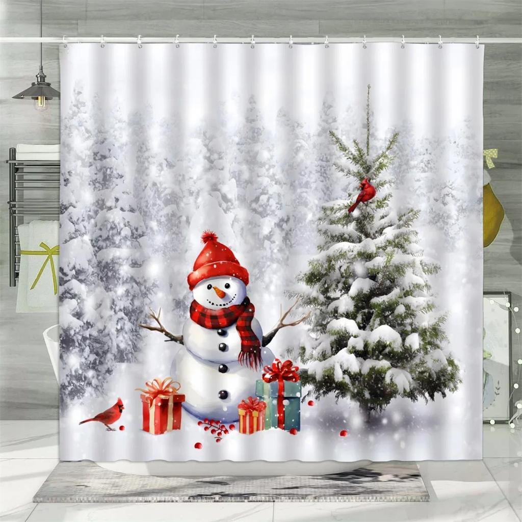 GAEChristmas Shower Curtain, Winter Snowman Santa Claus Gnome Farm Farmhouse Cartoon Truck Christmas Tree Snowflake Bathroom D
