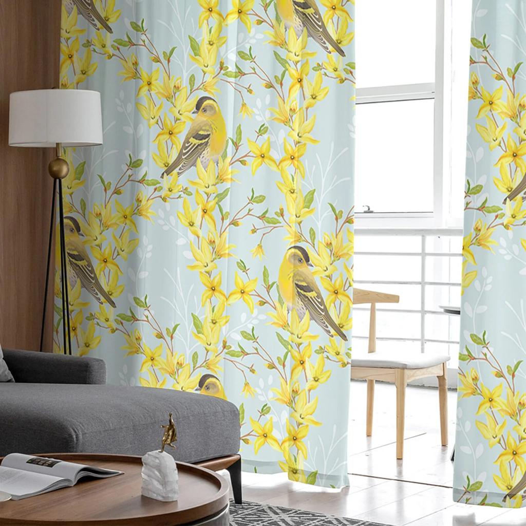 Yellow Flowers And Robins Sheer Curtains For Living Room Bedroom Tulle Curtain For Kitchen Voile Curtain Blind Panels