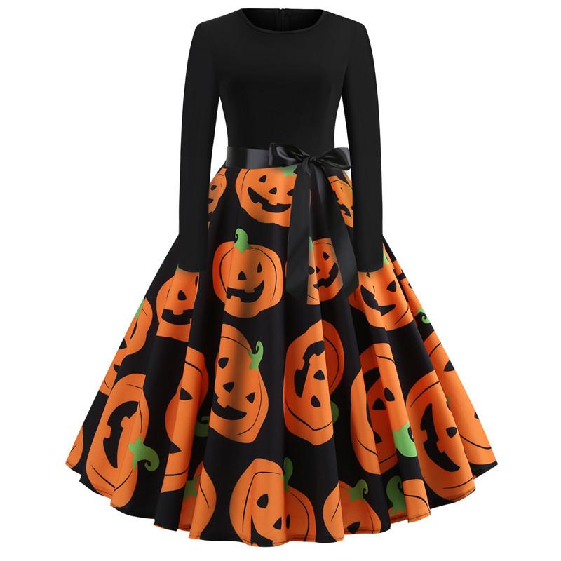 Women's Vintage Festival Long A-line Skirt Printed Round Neck Long Sleeve Swing Dress