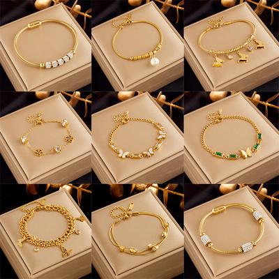 Fashion High End Niche Light Luxury Versatile Gold Butterfly Pearl Flower Rhinestone Charm Bracelet