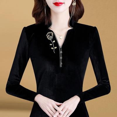 Camiseta Base de Temperamento con Cuello en V para Mujer de Manga Larga Invierno Nuevo Estilo Madre de Mediana Edad Slim Top de Terciopelo Dorado