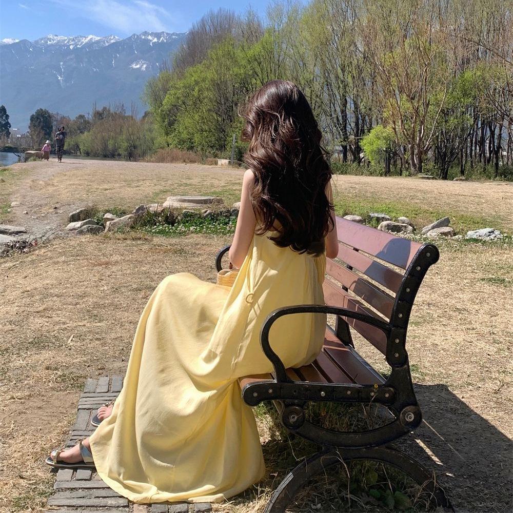 Yellow Spaghetti Strap Women's A-line Beach Dress - Summer Style, Age-Reducing, Loose Fit, Vacation Ready