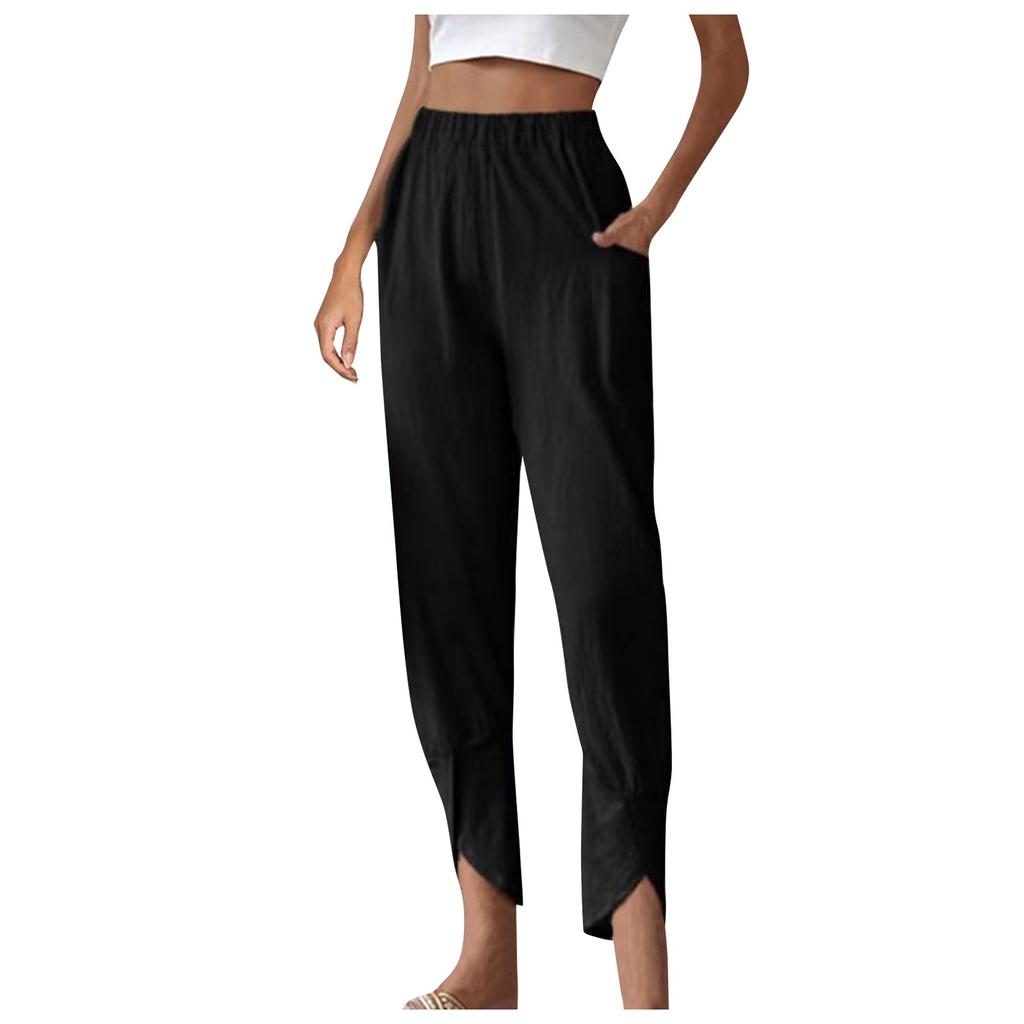Women's Fashion Temperament Color Casual Bunched Foot Pants Loose Pocket Cotton Hemp Cloth Small Foot Pants