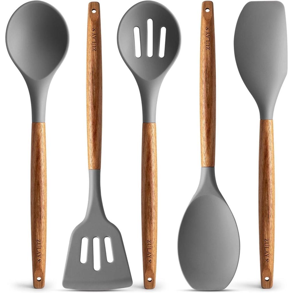 Silicone Kitchen Cooking Utensils Set, 5 Pcs Non-Stick Heat Resistant Wooden Handle (Grey, 5)