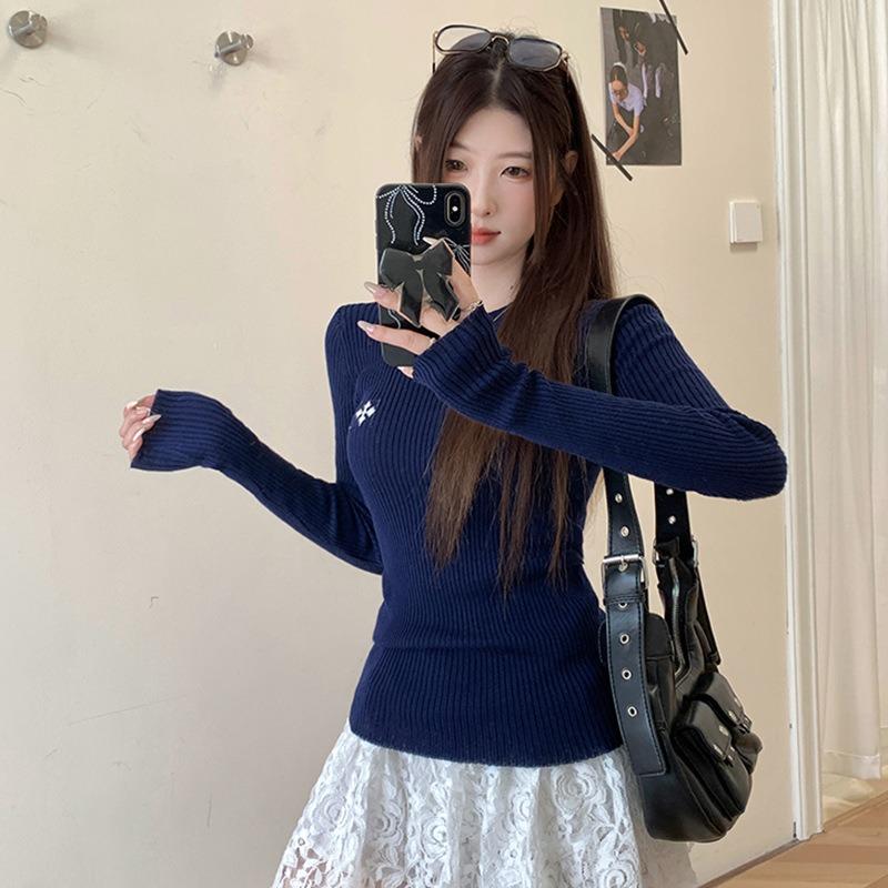 

Oatmeal New Early Autumn Long Sleeve Bottom Knitted Sweater Women s Versatile Casual Crew Neck Front Shoulder Slim-Fit Top One size [recommended 80-60kg] тёмно-синий