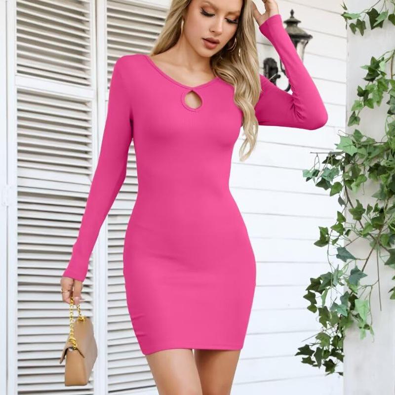 European and American autumn new sexy threaded long-sleeved dress slim-fitting hip-wrapped women's dress