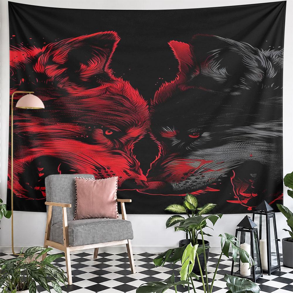 Red and Black Wolves Face-Off Pattern Wall Hanging Tapestry Decorative Tapestry Home Decor for Bedroom and Living Room