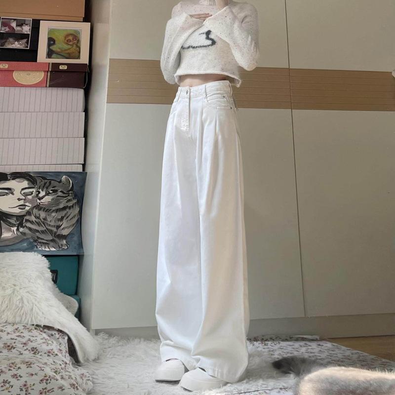 Spring New Small White Straight Jeans Women's Loose High Waist Skinny Versatile Wide Leg Pants