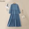 ZANZEA Women Casual Round Neck Solid Color Long Sleeve Long Dress