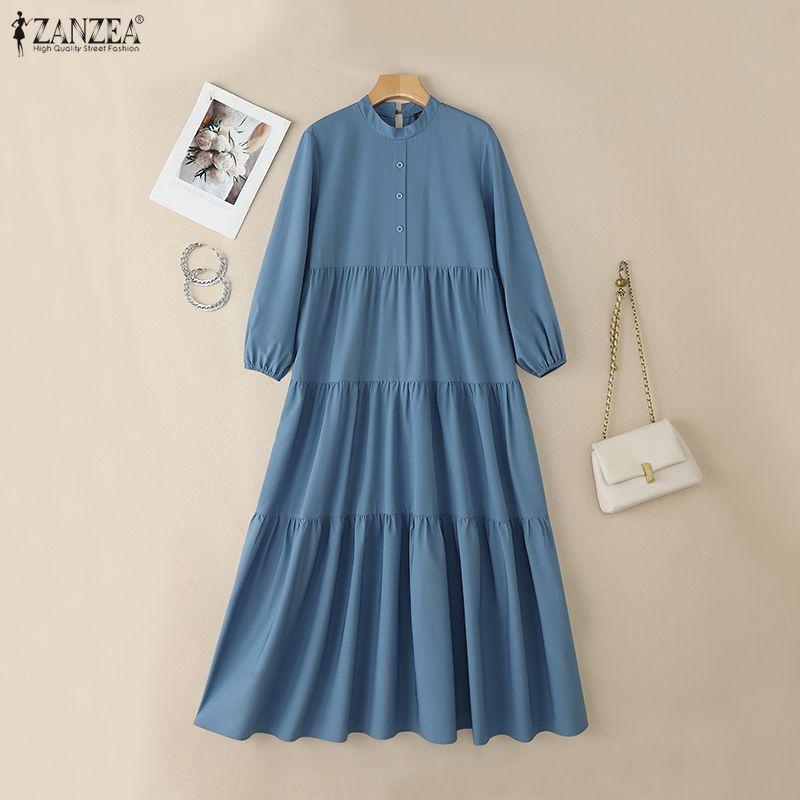 ZANZEA Women Casual Round Neck Solid Color Long Sleeve Long Dress