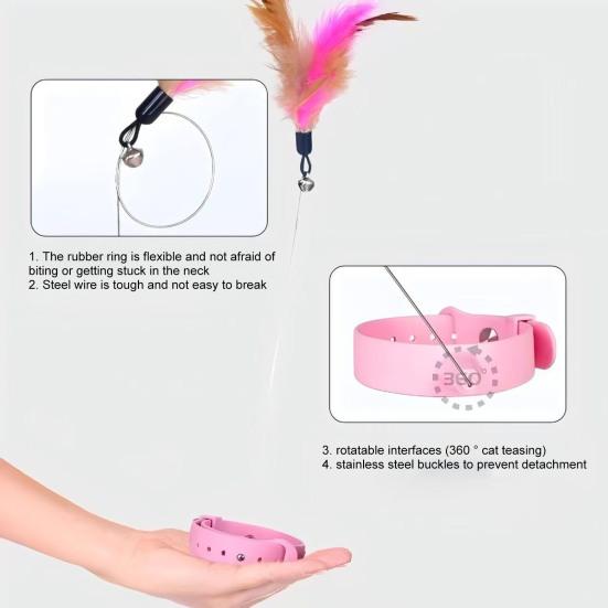 Cat Collar Feather Toy Interactive Cat Feather Wand Toy Hands Free Cat Teaser Wand with Bell Adjustable Collar for Indoor Kitty Solo Play