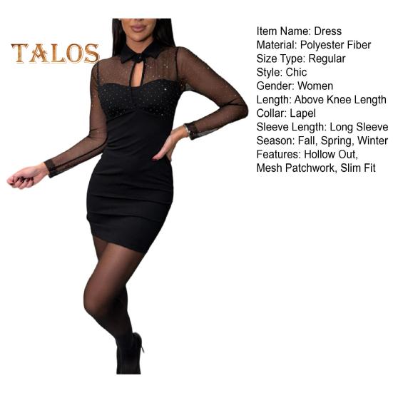 Women Dress Hollow Out Mesh Patchwork Slim Fit Sheath Mini Dress Fake Two-piece Turn-down Collar Elastic Short Dress for Club Party Prom