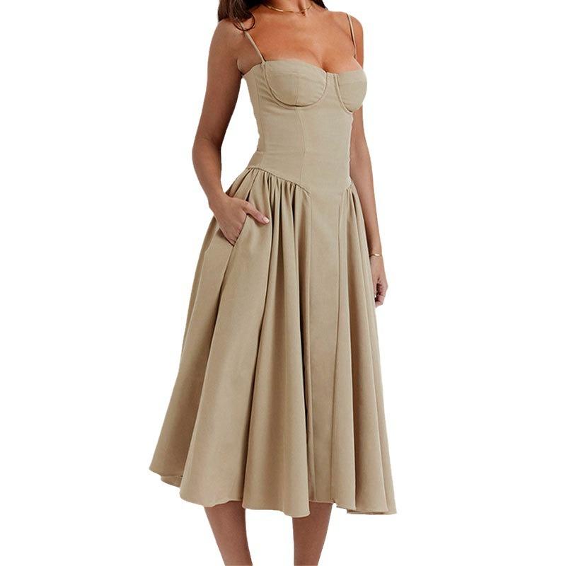Women's Clothing, New Spring Models In Europe and America, French Elegant Retro Solid Color Suspender Dress