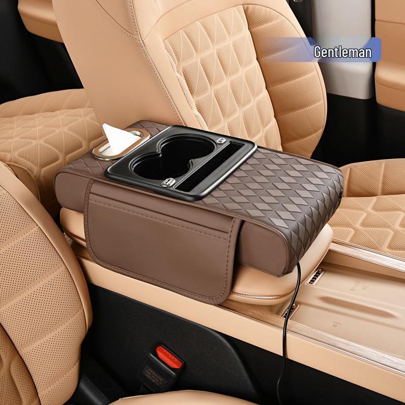 Rhombus Charging Car Armrest with Nappa Leather, Dual Cup Holder, Storage & Tissue Box.