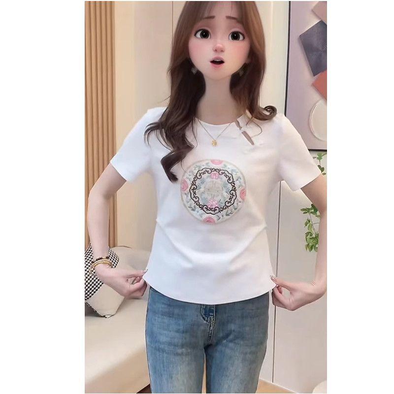 Large size new Chinese heavy industry embroidery button-down short-sleeved t-shirt, new slim-fitting and thin, belly-covering and thin tops are trendy S белый