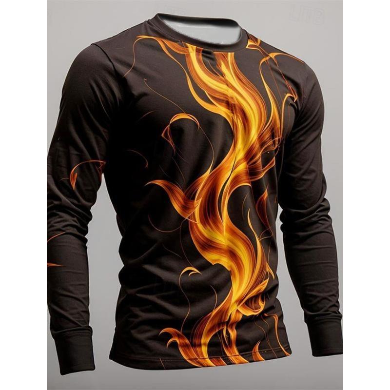 3D Printed Flame Scratch Pattern 3D Printed Autumn Men's Crew Neck T-Shirt Casual Long Sleeve Oversized Pullover Fashion Tops