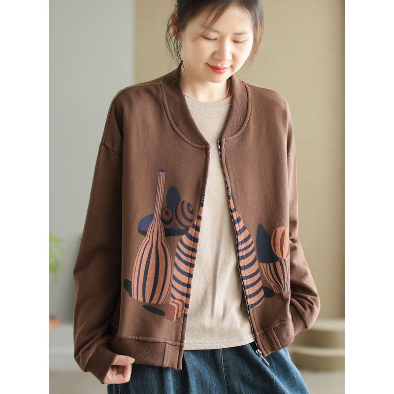 

Daile Original Autumn New Fashion Artistic Short Knitted Thread Repair Outerwear Women Cartoon Print Baseball Uniform Women Curry color One size