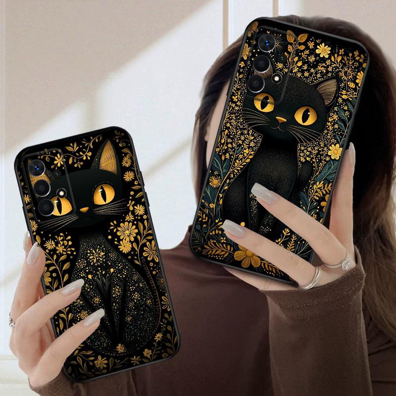 Flower Cat Black For Samsung A03 Core A 04 05 06 12 14 15 16 22 23 Galaxy A25 26 4G 34 35 52 53 56 71 73 90 5G soft phone case