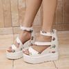Fashion Rose Print Wedge Heel Ankle Strap Sandals Women 2025 Summer Rear Zip Chunky Platform Sandals Fashion Super High Heel Shoes