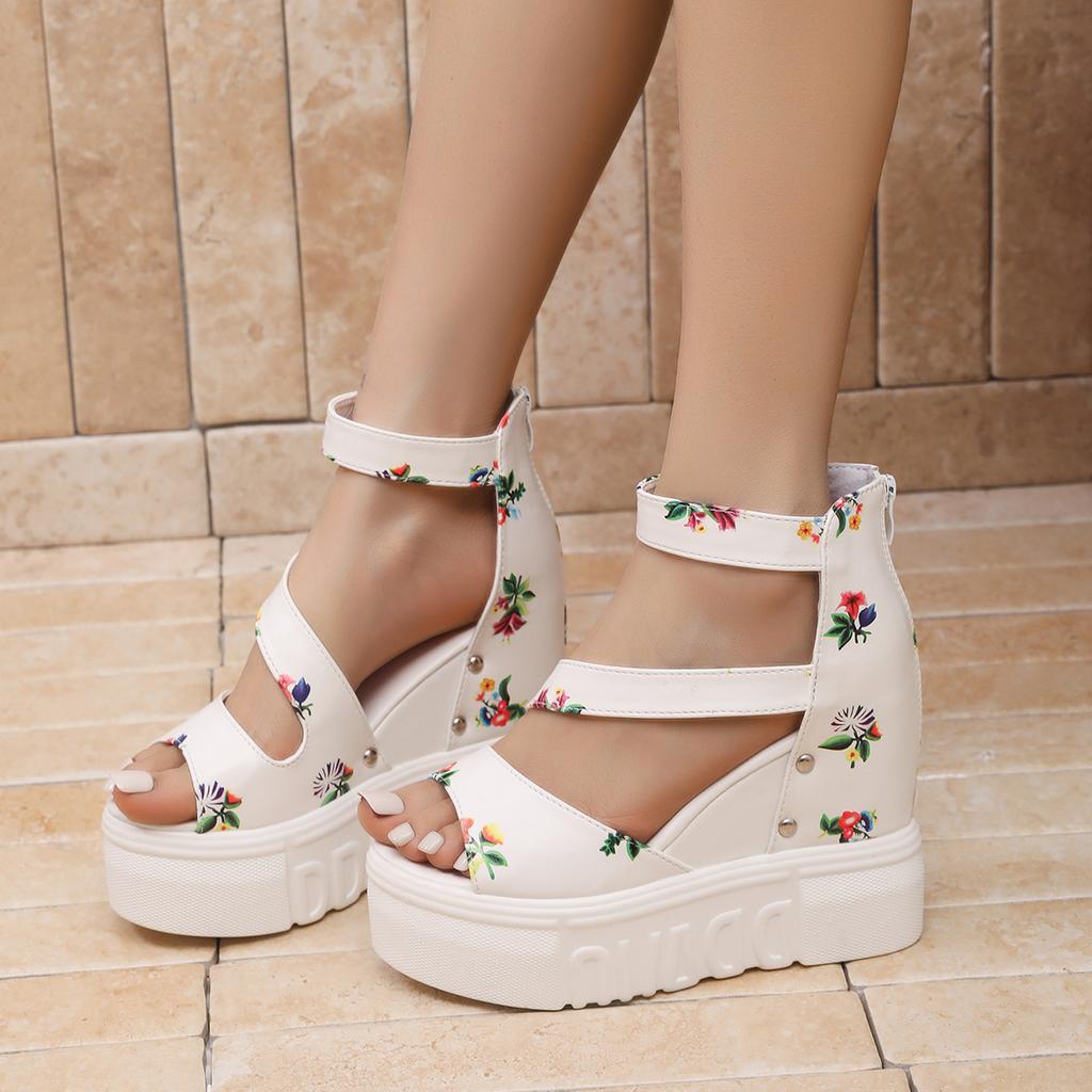 Fashion Rose Print Wedge Heel Ankle Strap Sandals Women 2025 Summer Rear Zip Chunky Platform Sandals Fashion Super High Heel Shoes