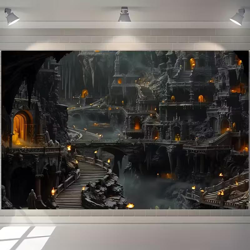 2D Medieval Ruins Cave City Tapestry Dark Gothic Palace Background Cloth