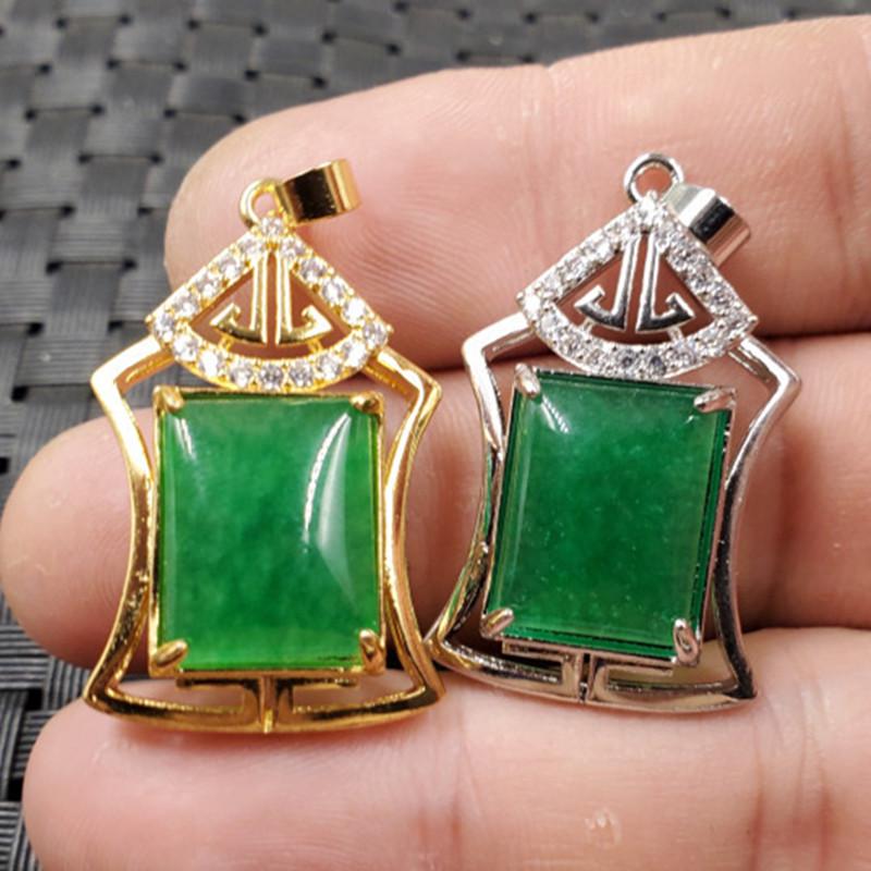 Bright Green Quartzite Jade Pendant Necklace Gold Variant 20x30mm