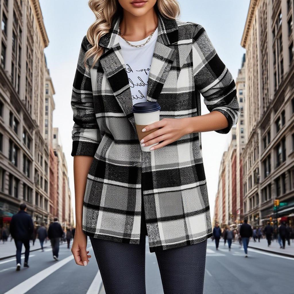 Women's Casual Fashion  Plaid Shirt Medium Woolen Coat