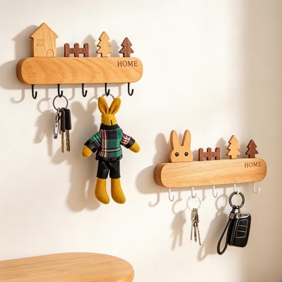 Natural Wood Key Organizer Wooden Holder with 5 Hooks, Cartoon House Theme Organizer, Multi No Drill Hanger Purpose Hanging Rack for Keys Pet Leashes