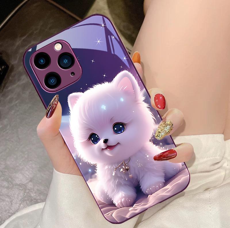 Cute Little Dog Green For IPhone 16 Pro Max 15 Pro 14 13 12 Mini 11 XS Max XR 7 8 Plu SE 2022 Tempered Glass Phone Case