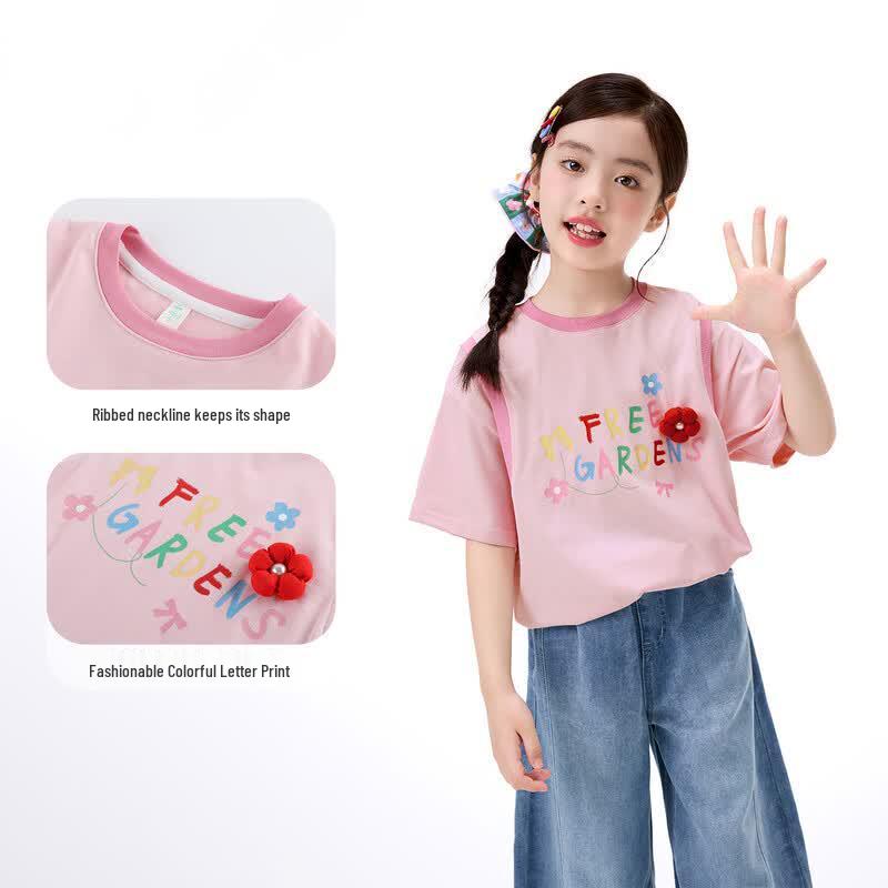 Girls' Pure Cotton Letter Print Short Sleeve T-Shirt