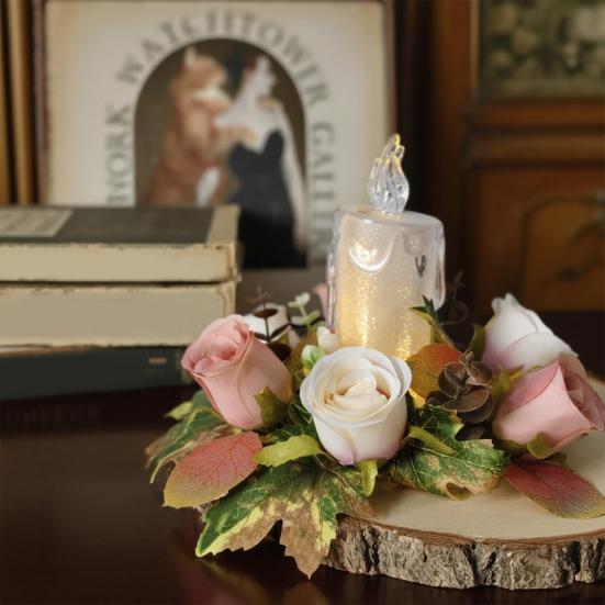 Artificial Rose Candle Ring Fake Rose Wreath with Maple Leaves Pillar Candle Wreath Table Centerpieces for Home Candlelight Dinner Wedding Party Decor