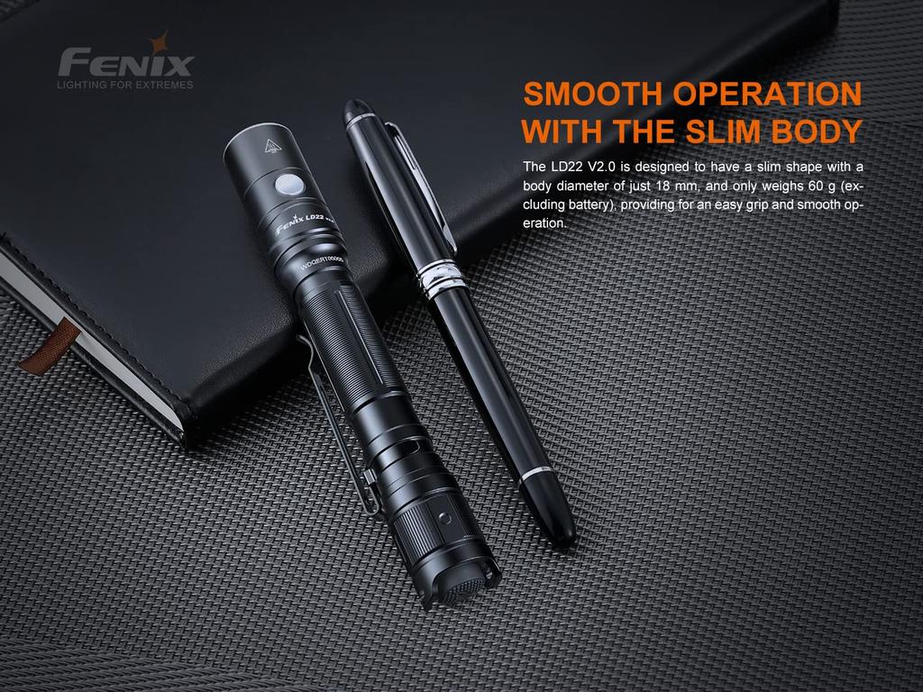 Fenix LD22 Max 800 AA Battery Aluminum IP68 Dustproof and Waterproof V2.0 Flashlight, Lumens, USB-C Rechargeable, Compatible, Alloy,