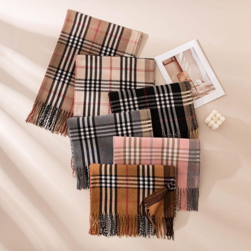 Womens Knitted Wool-Feel Scarf With Fringe Plaid Winter Warm Shawl Office Casual Wear