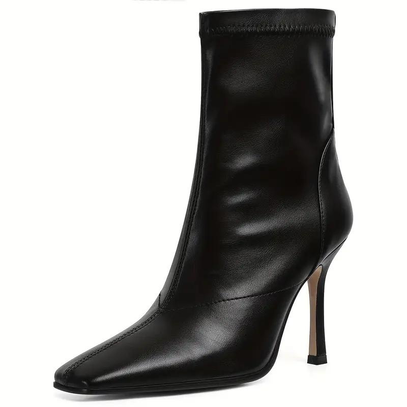 Women’s Square Toe Stiletto Ankle Boots - Black PU Cover Mid-Calf Boots with Side Zipper, Fashionable All-Match High Heel Shoes