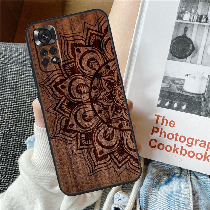 Mandala Floral Wood Phone Case For Xiaomi Redmi Note 12 12S 12C 13C 10 10C 10A 9 9C 10S 11S 11 Pro Soft Cover