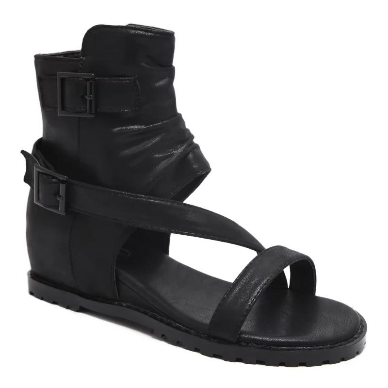 Fashion Vintage Wedges Roman Shoes for Women's Summer Peep Toe High Top Cool Boots Buckle Belt Back Zipper Cover Heeled Sandals