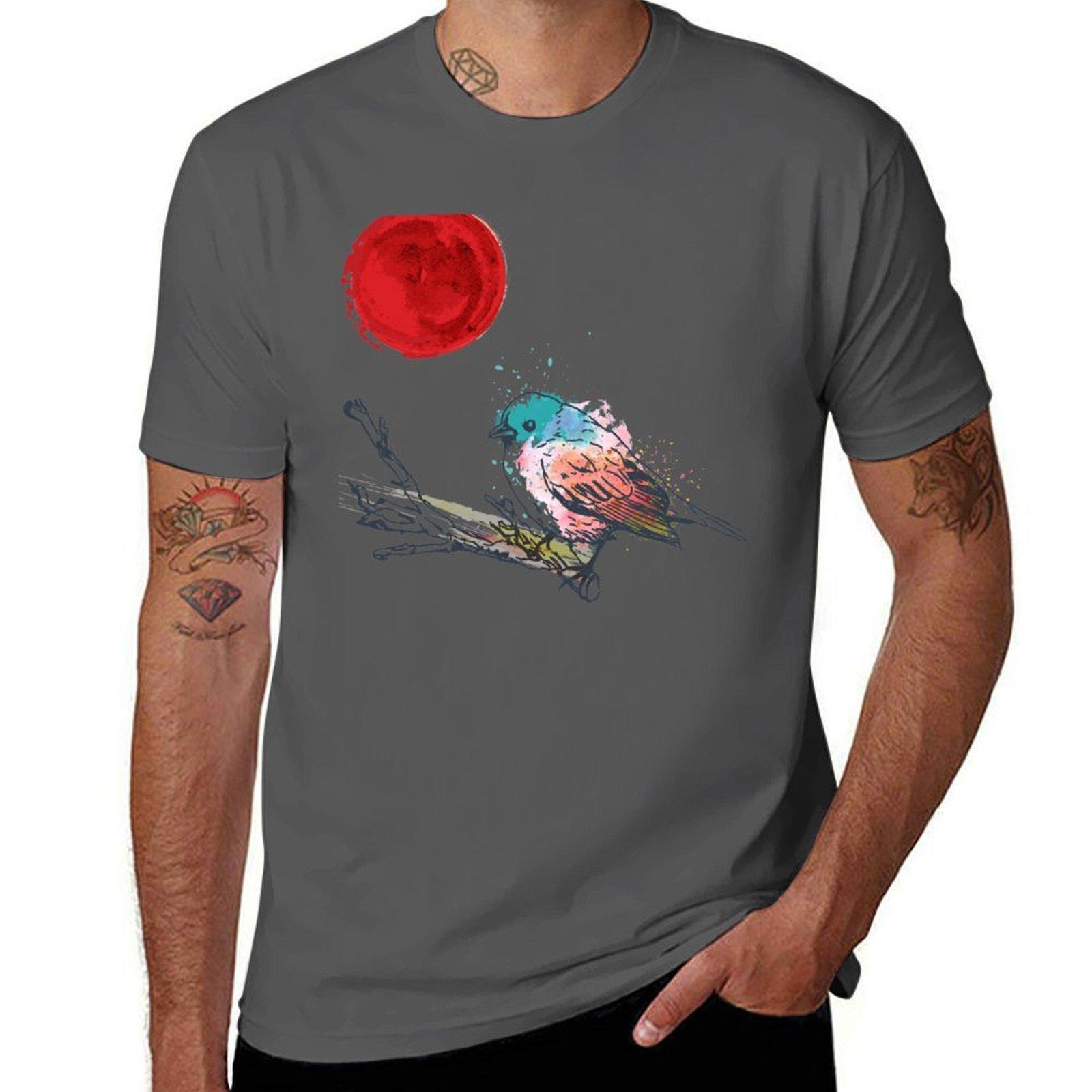 

Colourful Art Bird On Tree and Japanese Red Moon Style T-Shirt man tshirt man t shirts for men T-Shirt 4XL