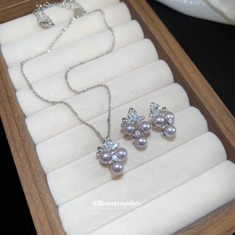 Zircon flower pearl earrings necklace retro temperament elegant jewelry set light luxury high-end jewelry women