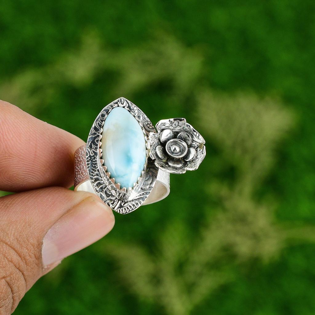 Natural Larimar Gemstone Promise Flower Ring Size 8 925 Silver For Women