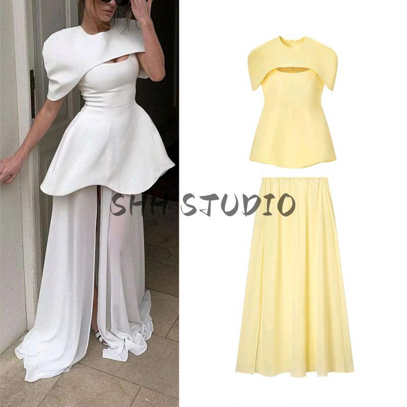 Autumn New Women clothes round Neck Small Shawl Top Square Collar Sleeveless Vest High Waist A Word Skirt Three-Piece Set