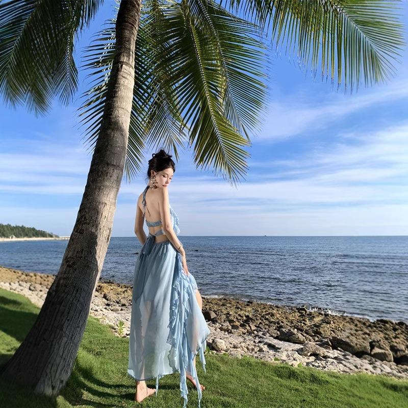 Maldives Vacation Camisole Dress Female Summer Sexy Seaside Photo Shoot Irregular Waist Ruffled Long Dress