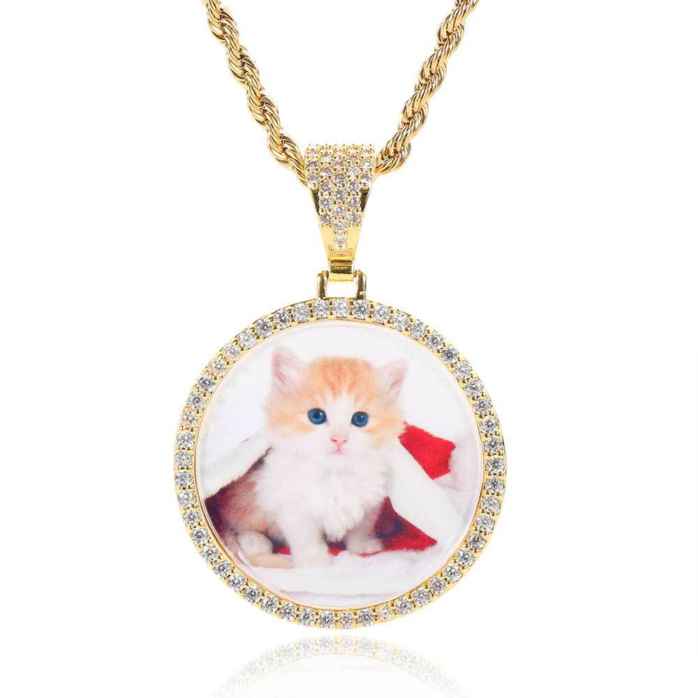 Hip-Hop Small Round Photo Pendant Trendy Brand DIY Creative Photo Frame Zircon Pendant Men's Necklace