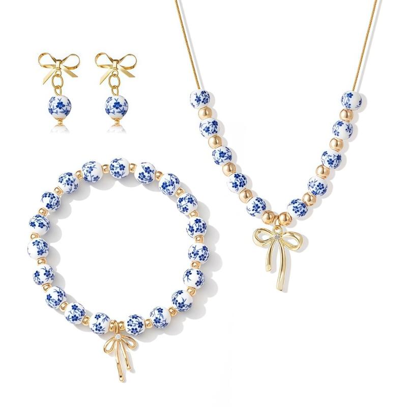 Stylish Blue White Porcelain Bowknot Beaded Jewelry Set Sturdy Fade Resistant Necklace Bracelet Earrings Adornment