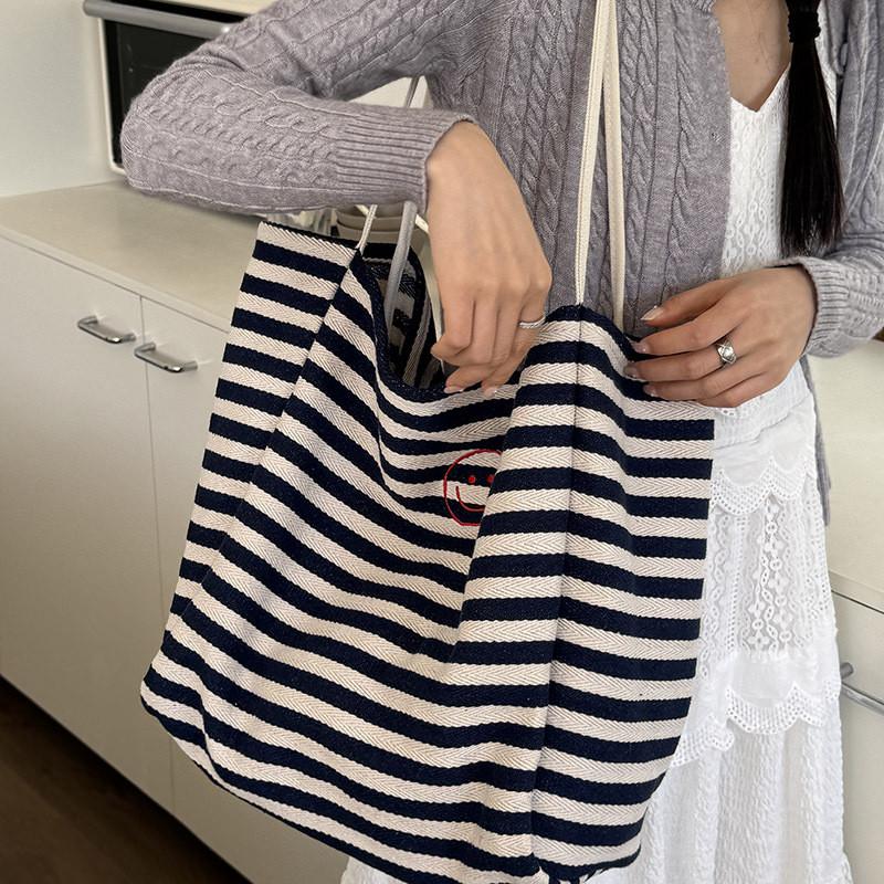 IELGY Striped Canvas Embroidery Large Capacity Lazy Style Tote Bag