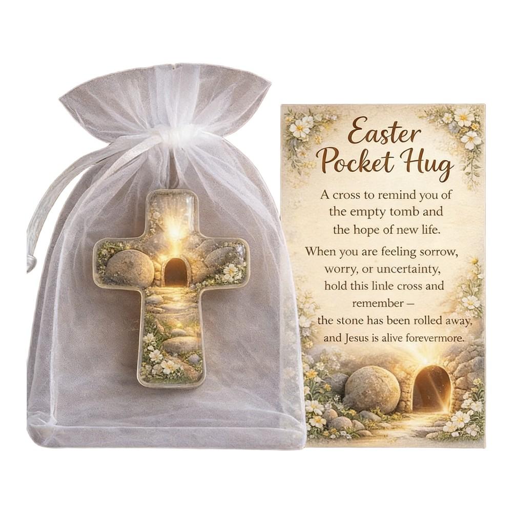 Easter For POCKET Hug Acrylic Card with Handmade Details Including Bunny Lamb Chick and Cross for Emotional Support