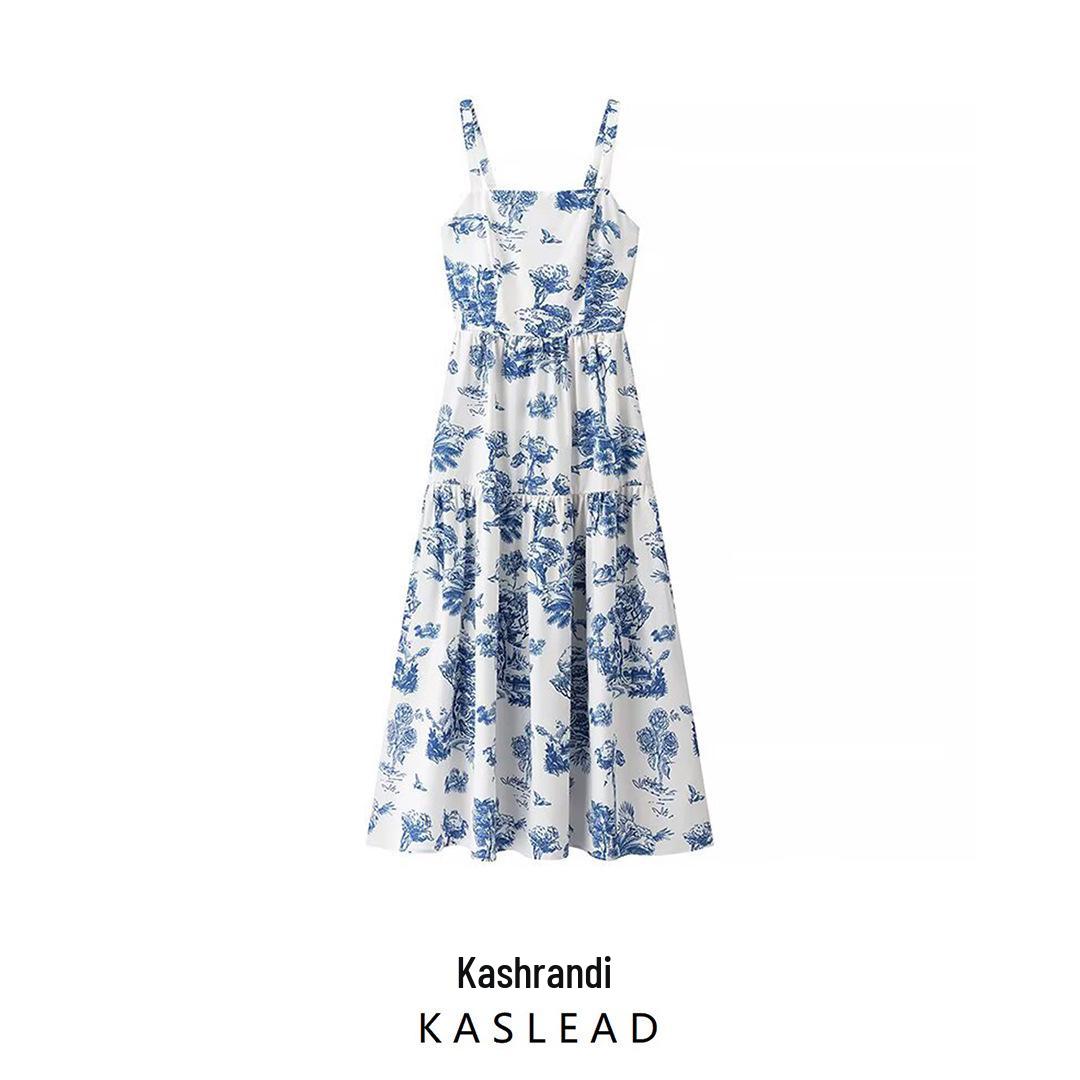 

Spring 2025 Women s Retro European & American Style Backless Waist-Hugging Spaghetti Strap Dress Extra Small синій