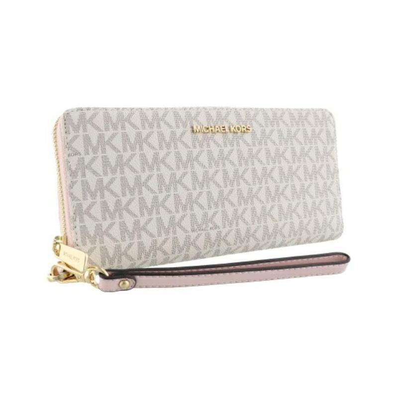 MICHAEL KORS Presbyopia all over printed zipper closure coated canvas wallet women's beige and pink