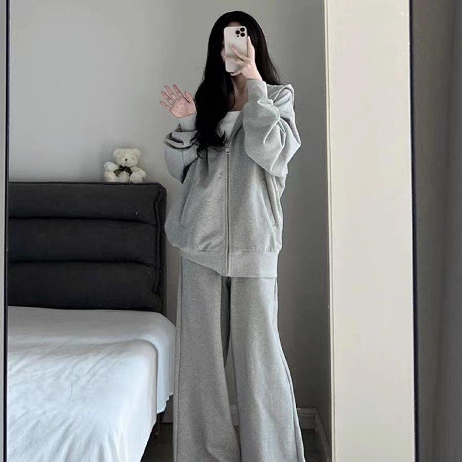 Grey Student Casual Hoodie and Cardigan Set: Trendy Two-Piece Sportswear