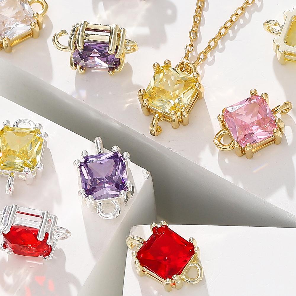 4/6Pcs 14/18K Gold Color Plated Zircon Single Hole Love Heart Double Hole Square Pendants For DIY Jewelry Making Findings