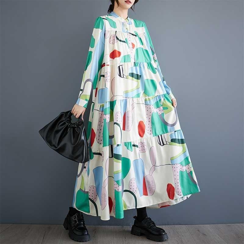 Loose and Thin Fashion Long-sleeved Printed Mid-length Dresses